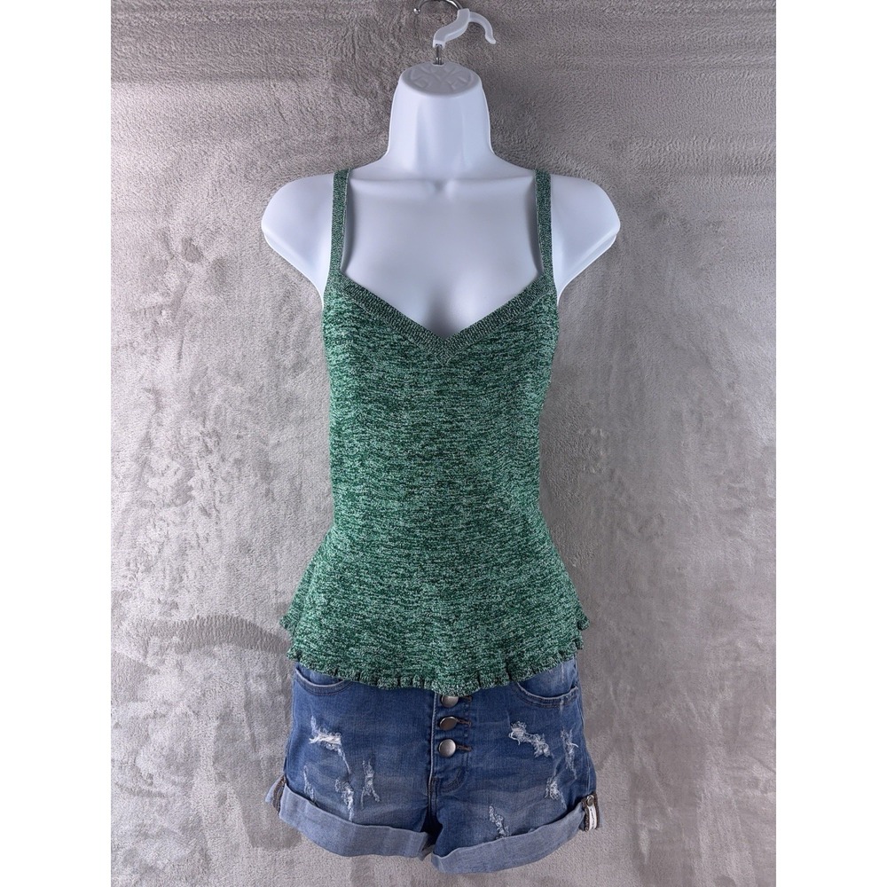 Claudie Pierlot Heathered Knit Top Womens Size 3‎ Green Stretch Ruched Ruffle